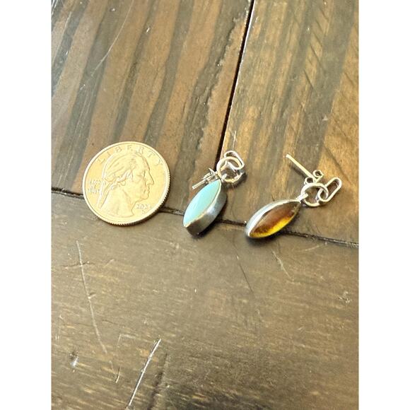 Vintage Reversible Sterling Silver Earrings Amber & Turquoise Dangle  Earrings - Picture 7 of 7